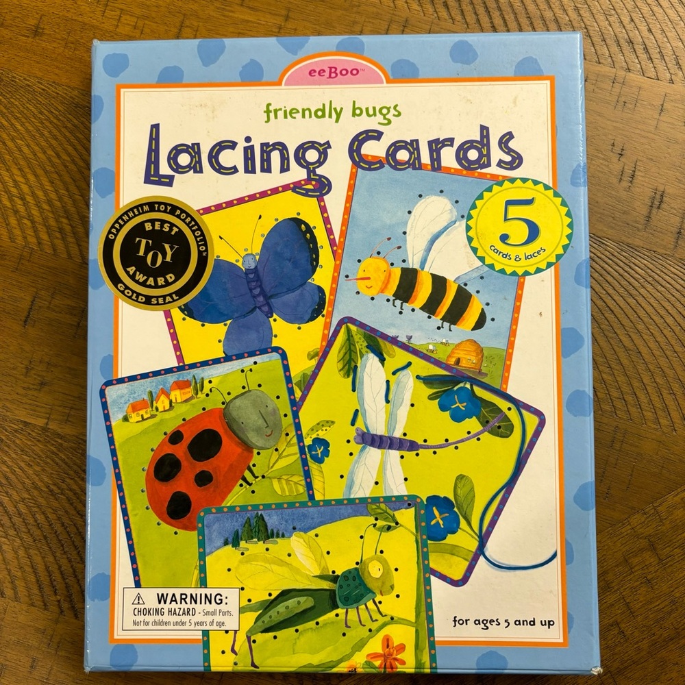eeBoo lacing cards Friendly Bugs, discontinued, Y2K. 5 bright cards and laces.